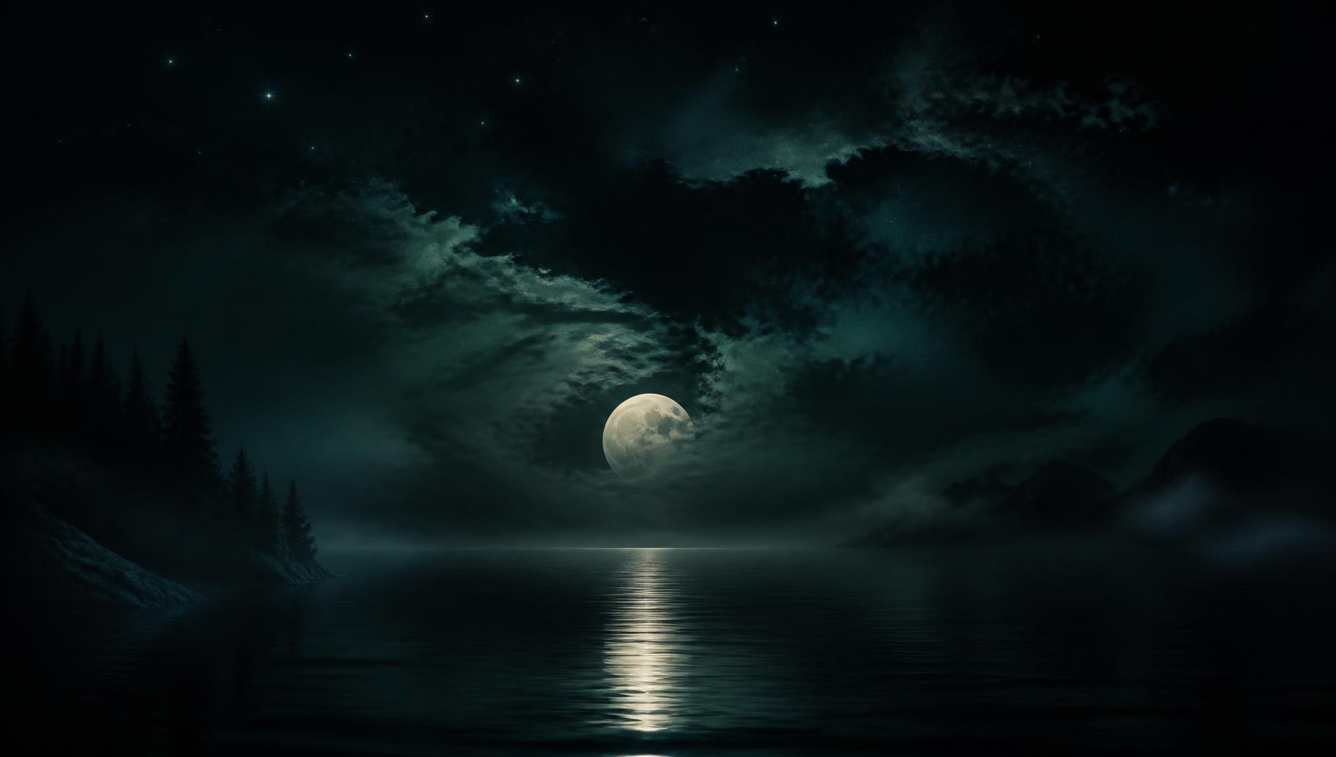 A full moon low over still dark water beneath a starlit sky